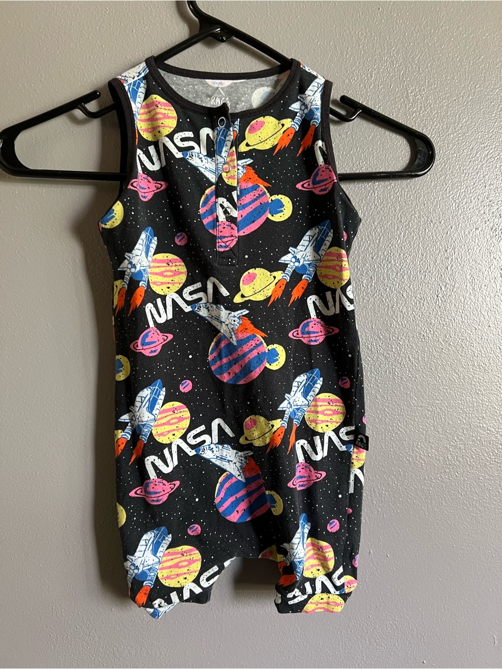 RAGS to Raches NASA Space Rocket Romper Gray Black with Neon Planets size 2T